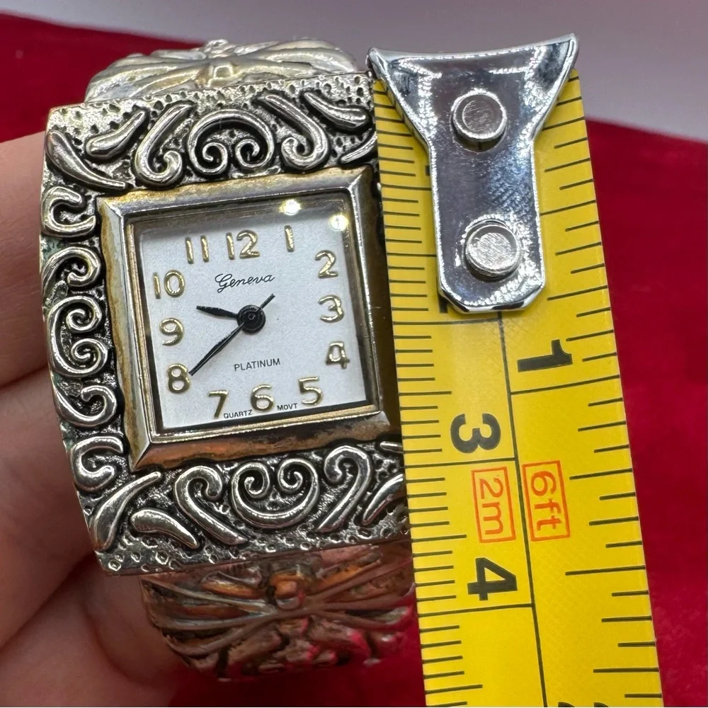 Vintage Geneva Silvertone Women's Cuff Watch Ornate Statement Bracelet Watch